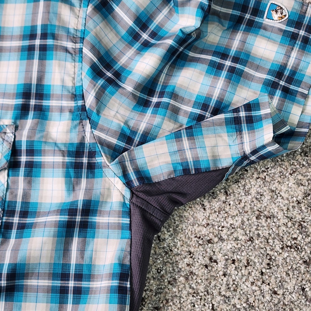 Kuhl Plaid Shirt Mens Large Blue Short Sleeve Snap Front Hiking Outdoor EUC - Picture 10 of 16